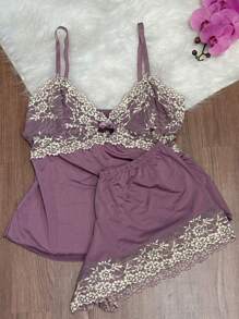 Short Doll Women's Pajama Set/ Two-Tone Lace - Dusty Purple - View 1