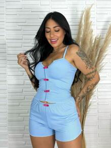 Women's Ribbed Suede Baby Doll With Bow Details, Short Pajamas, Night Line - Baby Blue - View 1