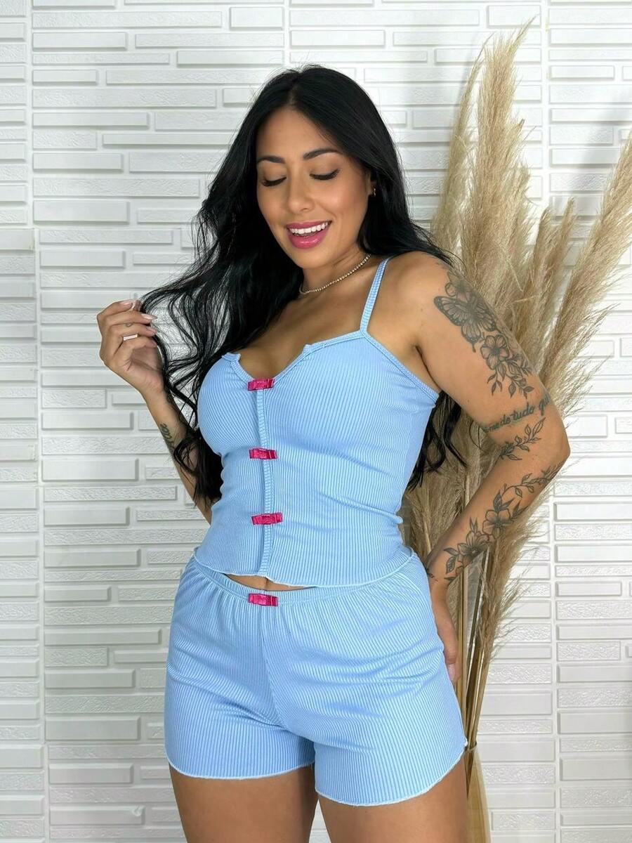Women's Ribbed Suede Baby Doll With Bow Details, Short Pajamas, Night Line - Baby Blue - View 1