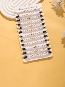 12 pièces/set Bracelet élastique en argile souple avec décoration multicouche de lettres et de cœurs, convient comme parure pour demoiselles d'honneur. Adapté pour les mariages, les fiançailles, les fêtes, les galas - plusieurs sets à porter