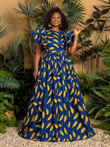 Faeriesty Plus Chic African Print Maxi Casual Dress With Short Sleeves, Ruffled Sleeve Details, And Plus Size Flared Hem – Vibrant Print Perfect For Summer Beach Parties, Tropical Weddings, And Garden Festivals (Lightweight & Seasonless Design) Summer Dresses Spring Clothes - Blue - View 5