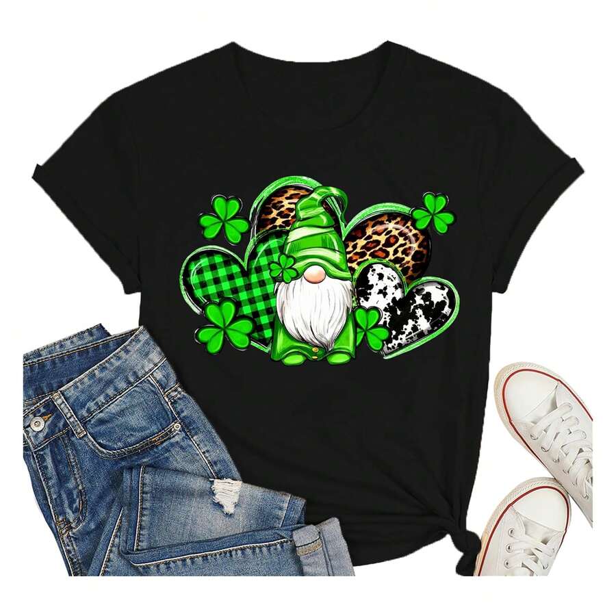 St.Patrick's Day Shirt For Women Lrish Lucky Festival T-Shirt Clover Gnomes Leopard Heart-Shaped Printed Tee Top Fashionable Plus Size Women's T-Shirt, Super Soft And Breathable Cotton | Comfortable Fit, Versatile Everyday Style, Suitable For All Seasons. - 黑色 - 查看 1