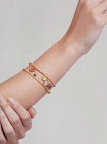 1pc Women's Fashion Luxury Bohemian Style Colorful Rhinestone Engraved Wide Bangle Bracelet, Vintage Elegant Jewelry Gift For Party