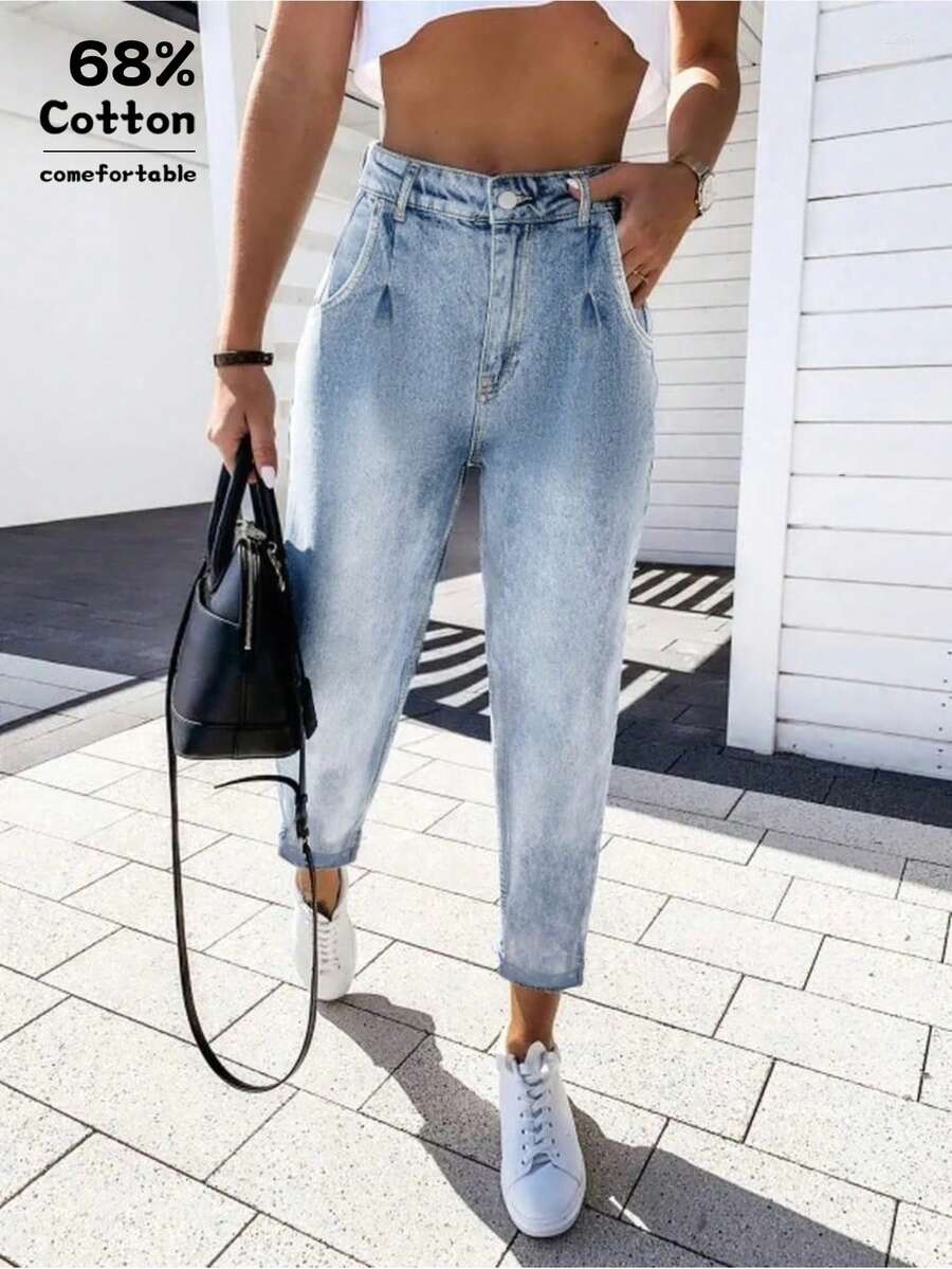 Casual Women Pleated Cropped Mom Jeans - Blue - View 1