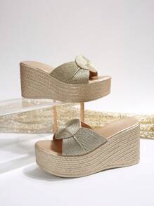 Damen Schlappen mit Schleife Verzierung und Keilsohle, leichte Offene Zehen Lässig Strandschuhe für Outdoor-Aktivitäten