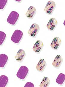 24 Peças Unhas Quadradas Curtas, Flores Roxas e Plantas Criativas Unhas Falsas, Unhas Falsas Adoráveis, Adequadas para Meninas Usarem, Pressionar nas Unhas, Presentes de Casamento, Noivas, Férias. Suprimentos de Unhas