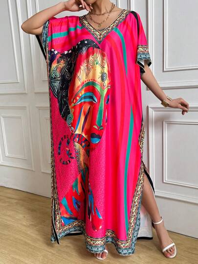V-Neck Loose Fit Printed Maxi Beach Dress, Bohemian Style, Suitable For Plus Size Women, Autumn/Winter Casual