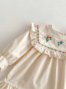 1 件装女童褶皱下摆刺绣领公主裙，休闲舒适长袖，适合春夏季