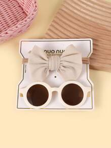 女孩头带和太阳镜套装，花卉印花蝴蝶结发饰和防紫外线眼镜 2 件