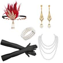 7pcs 1920s Women's Party Makeup Ball Feather Headpiece, Earrings, Bracelet, Glove, Sequin 5-Piece Set, Elegant Vintage Sexy High-End Headpiece For Bachelorette Party Prom