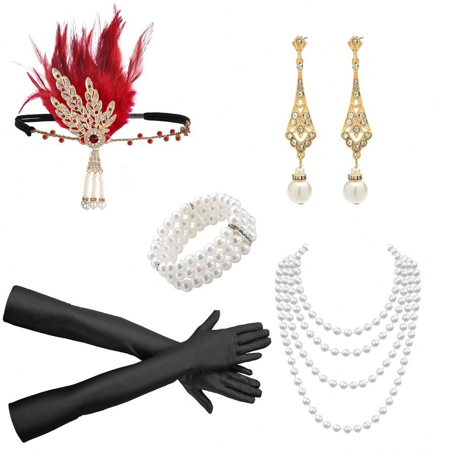 7pcs 1920s Women's Party Makeup Ball Feather Headpiece, Earrings, Bracelet, Glove, Sequin 5-Piece Set, Elegant Vintage Sexy High-End Headpiece For Bachelorette Party Prom