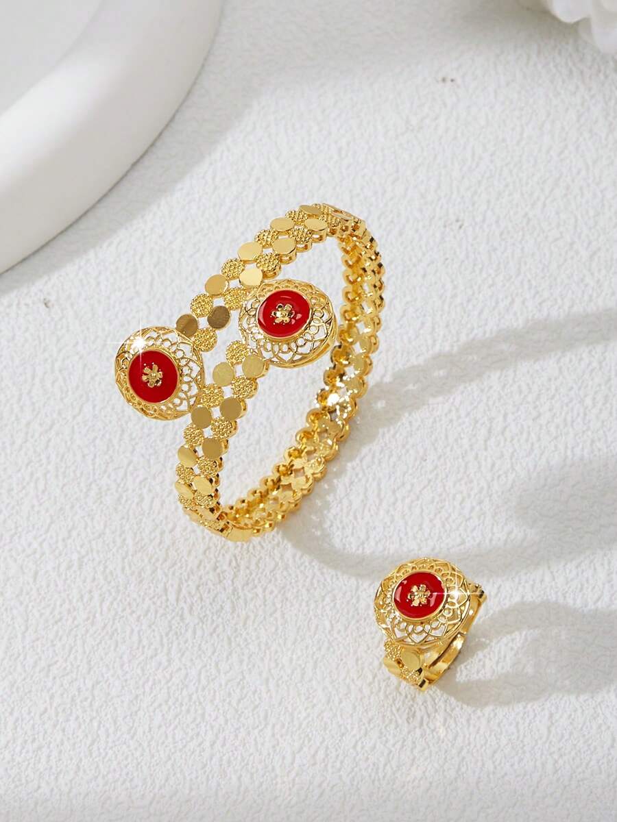 Mgyi Gold-Colored Copper Fashionable And High-End Luxury Retro Jewelry Set For Women,18K Gold Plated Elegant Luxury Square Design Bracelet,Ring For Women, Suitable For Nigeria, Dubai, Middle East, Saudi Arabia Bridal Wedding, Daily Wear, Wedding Anniversary Gift, Halloween Gift For Friends - Gold - View 1