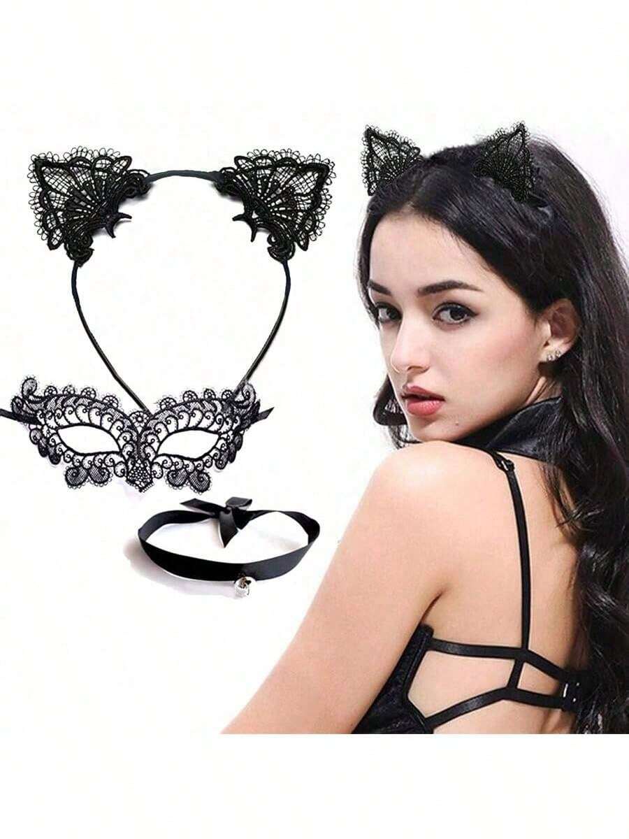 3pcs Set Sexy Black Lace Bell, Black Lace Cat Ears Headband, White Lace Gloves & Choker, Cat Girl Princess Costume