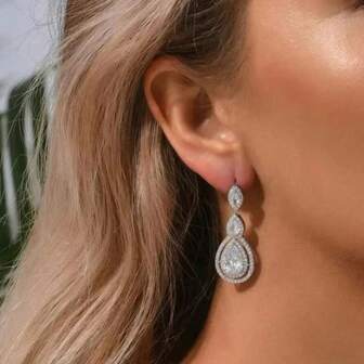 1 par de pendientes de lágrima con pavé de circonita cúbica brillante de lujo para mujeres, elegante estilo de señora noble para uso diario, fiesta, banquete, vacaciones, pasarela, joyería de moda