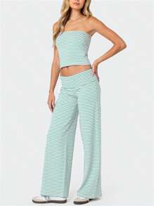 Women's Summer Clothes Stripe Outfits Strapless Tube Tops With Fold Over Waist Long Pants Casual Outfits - 綠色 - 查看 4