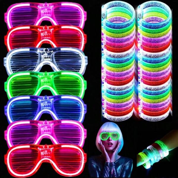 10pcs/Set LED Light Up Party Supplies - Glow In The Dark Party Favors With 5 LED Shutter Glasses, 5 LED Glow Bracelets - Neon Party Favors For Glow Party, Birthday, Wedding Supplies