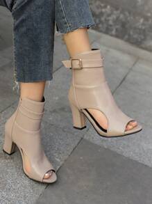 Khaki High-Top Sandals, Thick Heel Zipper Closure PU Leather Open Toe Metal Buckle Accent Women Shoes, Solid Color