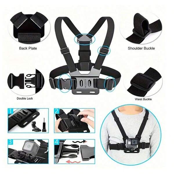 1 pieza Soporte ajustable elástico delantero para el pecho para cámara de acción, Soporte de filmación en primera persona POV para cámara deportiva, transmisión en vivo, pesca, ciclismo, compatible con iPhone, teléfono Android, regalo de cumpleaños, familiar, amigo, soporte para teléfono, accesorios para teléfono