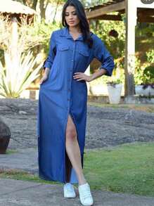 Long Monochrome Long Sleeve Denim Shirt - 藍色 - 查看 2