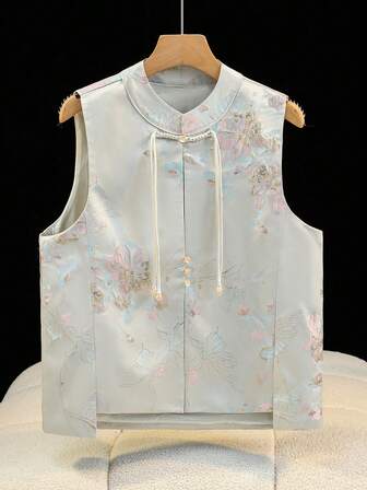 优雅手工纽扣领高端提花缎休闲马甲唐装