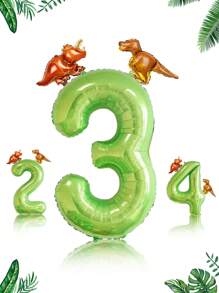3pcs 40-Inch Apple Green Dinosaur Number Balloons, 2pcs Balloon Accessories, Cartoon Dinosaur Balloons For Birthday Party, Triangle Dinosaur Decorative Balloons, Jurassic Theme, Birthday Decor - Multicolor - View 1