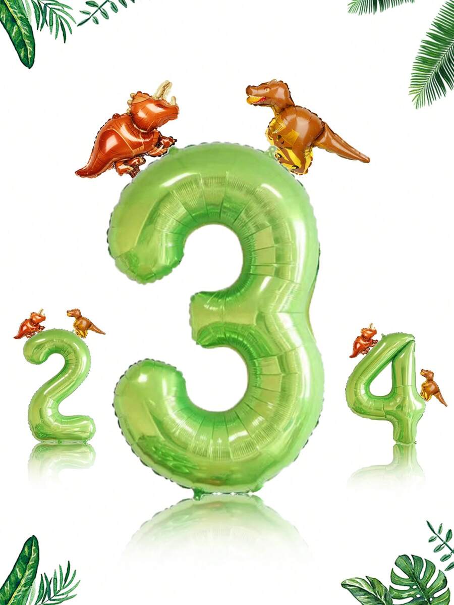 3pcs 40-Inch Apple Green Dinosaur Number Balloons, 2pcs Balloon Accessories, Cartoon Dinosaur Balloons For Birthday Party, Triangle Dinosaur Decorative Balloons, Jurassic Theme, Birthday Decor - Multicolor - View 1