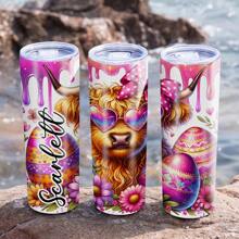 1 件，个性化彩色复活节高地牛蝴蝶结蛋不锈钢平底杯，20 盎司定制名称不锈钢咖啡杯带盖吸管，各种图案，双层隔热真空密封杯，室内厨房户外旅行冷饮热饮汽车杯 - 多色 - 查看 8