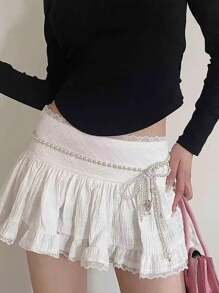 1pc Women Waist Chain, Fresh Small Pearl Waist Chain, Fashion Versatile Elegant Design Inspiration Dress Accessory, Adjustable Body Chain Waist Decor, Korean Style Fresh Sweet Dress Waist Chain, Simple Vintage Personalized Metal Body Chain - White - View 4