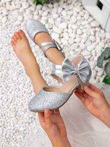 New Silver Bow Decorated Glitter Princess Formal Dress Shoes For Little Girls, High Heel Shoes For Kids Performance & Party