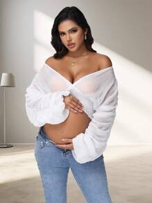 Maternity Pleating Chiffon Top Puff Sleeves See-Through Photoshoot Prop For Photography - White - View 7