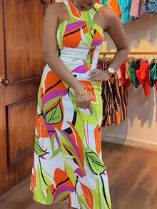 Vestido de tirantes de verano con estampado floral mixto, elegante y casual para vacaciones, tallas grandes - Verde - Ver 3