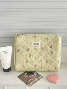 Bolsa de maquillaje de tela suave con patrón floral sobre fondo amarillo, con cierre de cremallera. Bolsa de almacenamiento linda para cosméticos, artículos de tocador, uso doméstico, viajes y mujeres