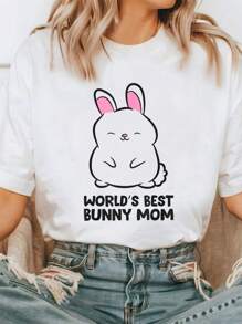 World's Best Bunny Mom Rabbit Bunny Mom T-ShirtShort Sleeve Round Neck Casual Top For Summer & Spring, Women's Clothing - 白色 - 查看 1