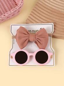 女孩头带和太阳镜套装，花卉印花蝴蝶结发饰和防紫外线眼镜 2 件