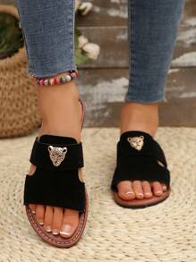 女士平底凉鞋，金属豹头装饰，绒面拼接设计，黑色沙滩鞋，优雅精致的度假风格，夏季女士平底拖鞋 - 黑色 - 查看 5