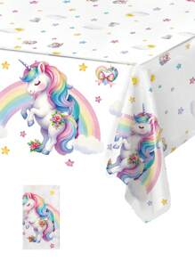 1pc 130*220cm Rainbow Unicorn PE Tablecloth, Unicorn Theme Disposable Waterproof Table Runner, Perfect Decoration For Birthday Holiday Party Party Home Event Decoration Table Runner, Dining Table Cabinet Bar Gift Table Decoration Table Cover, Room Decoration Home Decoration Table Skirt, Outdoor Camping Picnic Tablecloth, Easy To Clean Table Set, Party Favors - Rainbow Unicorn - View 7