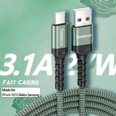27W 최대 고속 27W 충전 Type C 케이블 3.1A USB A-USB C 고속 충전 케이블 iPhone 16/15/15Plus/15 Pro/15 Pro Max, Honor Realme Oneplus OPPO USB Type C 충전 코드 데이터 케이블 고급 고속 충전 Forng S24 23 Ultra S22 S21 빠른 충전-녹색