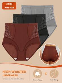 MEIYATING 3 pièces/pack Culotte triangle respirante à taille haute avec contrôle du ventre et garniture en dentelle, grande taille, pour l'été