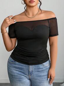 Women Plus Size Off-Shoulder Mesh Patchwork Fitted Top, Casual Everyday Wear - Black - View 1