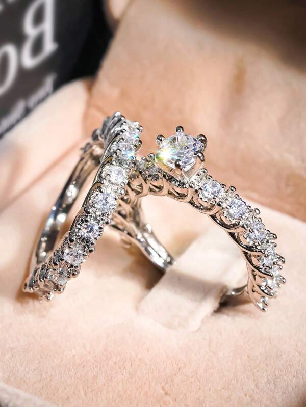 2 Pcs/Set Luxury Cubic Zirconia Ring For Women For Wedding Engagement Anniversary Party Jewelry Valentine's Day Gift