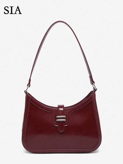 SIA 女士复古简约仿皮安哥拉红扣装饰单肩腋下法棍包，适合工作、通勤、约会、派对