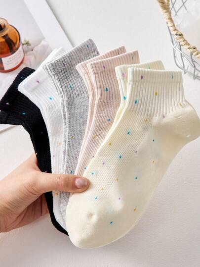 4 đôi tất cổ ngắn lưới chấm bi dành cho nữ, có các màu đen, trắng, hồng, vàng, nhẹ và thoáng khí, thích hợp cho mùa xuân/hè, màu giao ngẫu nhiên.