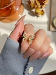 1 件时尚欧美风格铜蝴蝶镂空方晶锆石可调节戒指，日常佩戴 - 蝴蝶戒指 - 查看 1