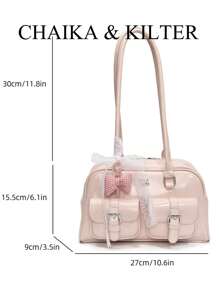 CHAIKA & KILTER 1 件亮面 PU 材质单肩包，女士时尚多口袋大容量波士顿保龄球包，拉链开合适合日常使用和外出（带吊坠出售）
