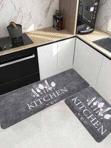 1pc Flatware & Letter Graphic Kitchen Rug, Retro Polyester Kitchen Mat For Kitchen ,Room Decor