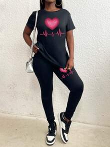 女士情人节上衣情人节爱心T恤休闲圆领短袖长裤套装