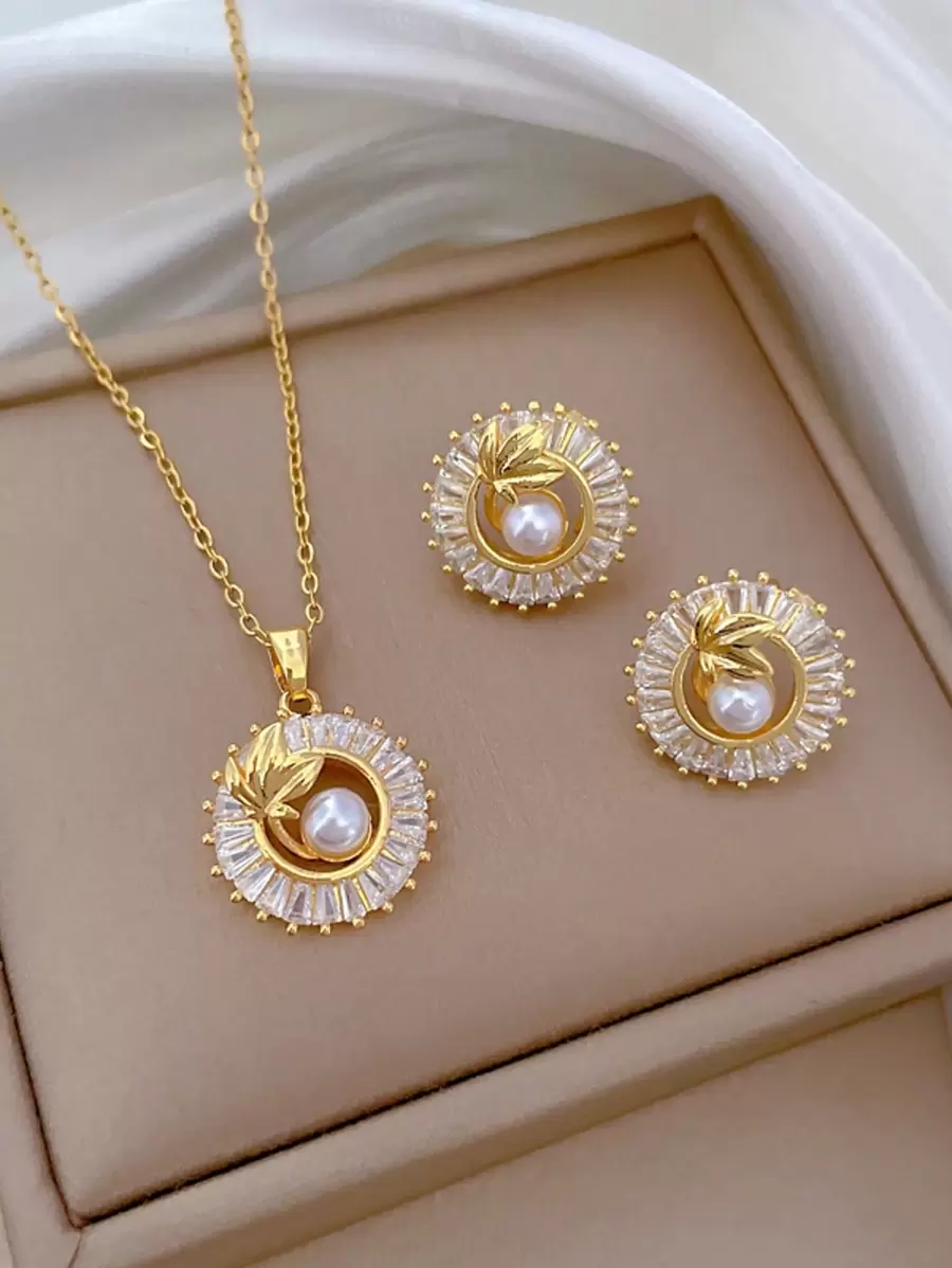 1pc Stainless Steel Circle Leaf Necklace Earring 2-In-1 Set, Sparkling Rhinestone Luxury Earrings & Necklace, Without Gift Box - Pearl - View 1