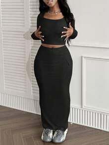 LovelyWholesale Bộ váy dài bó sát cổ vuông đơn giản giản dị dành cho nữ và túi bên hông mùa xuân hè - màu đen - Xem 4