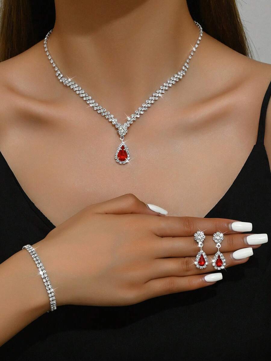 3 件套银色金属水钻女士项链、耳环和手链、新娘婚礼首饰套装