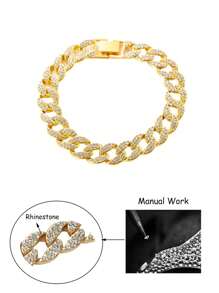 Personalized Fully Rhinestone Decorated Men Hiphop Cuban Chain Bracelet, European And American Fashion Style, Suitable For Men - Gold - View 3